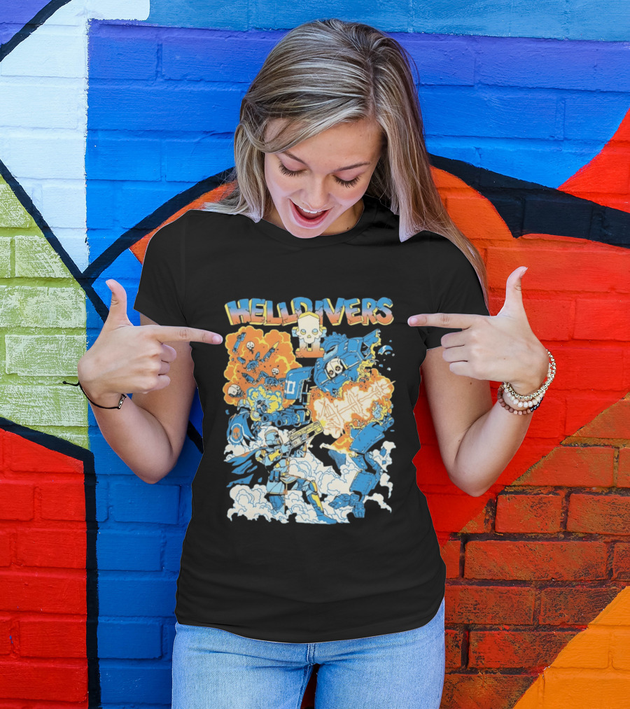 Helldivers Comic Style Explosive Battle Scene Skulls Robots Flames T-Shirt
