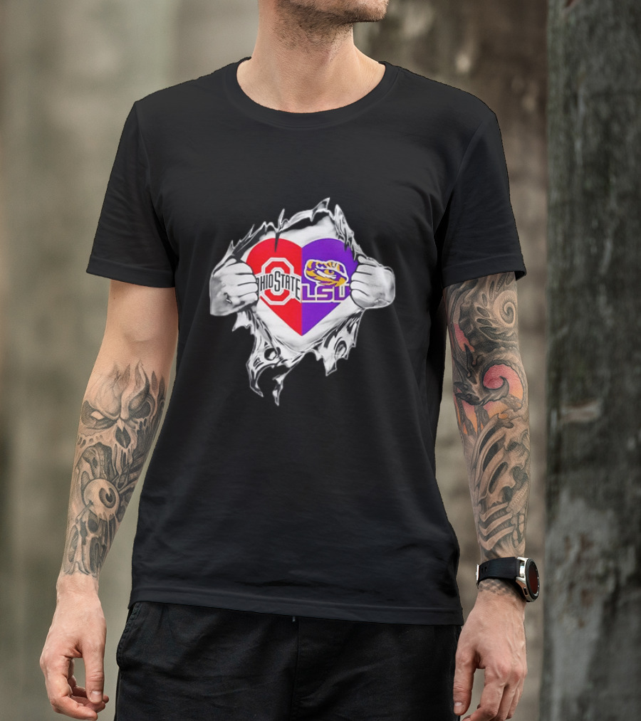 Ohio State LSU Heart Ripped Open Fan T-Shirt