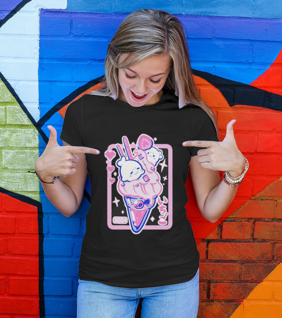 Kawaii Strawberry Ice Cream With Seals And 300 Yen Cute Hearts T-Shirt