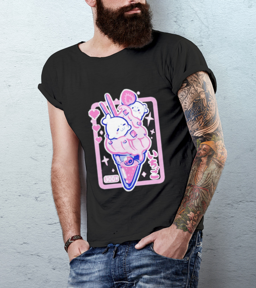 Kawaii Strawberry Ice Cream With Seals And 300 Yen Cute Hearts T-Shirt