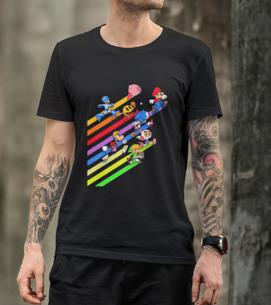 Legends Gaming Mario Pac Man Mega Man Sonic Link Kirby Bomberman Rayman Characters T-Shirt