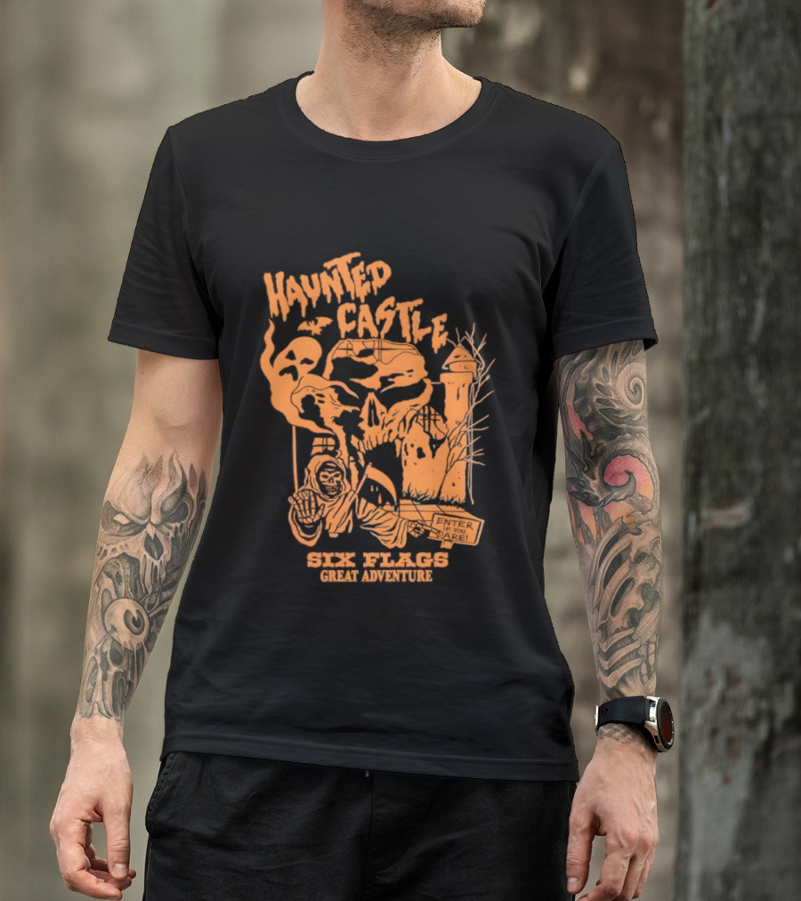 Six Flags Great Adventure Haunted Castle Enter If You Dare Spooky Skeleton And Ghosts T-Shirt