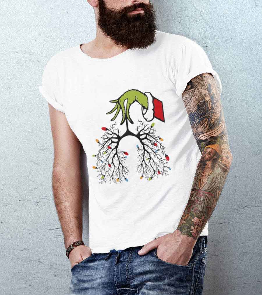 Christmas 2025 Nurse Lungs With Lights And Green Hand Santa Sleeve T-Shirt