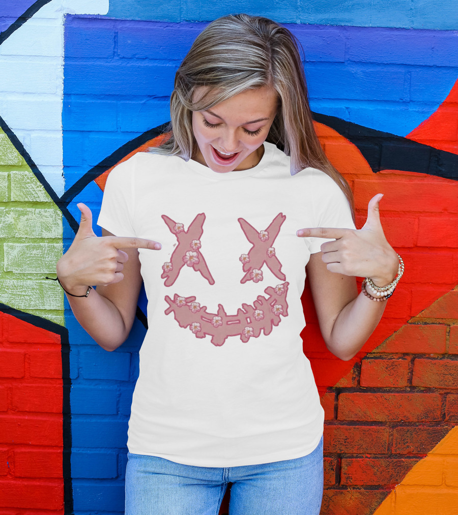 Kaos Ric Ricky Is Clown Sakura Pink Embroidery With Floral X Smiley T-Shirt