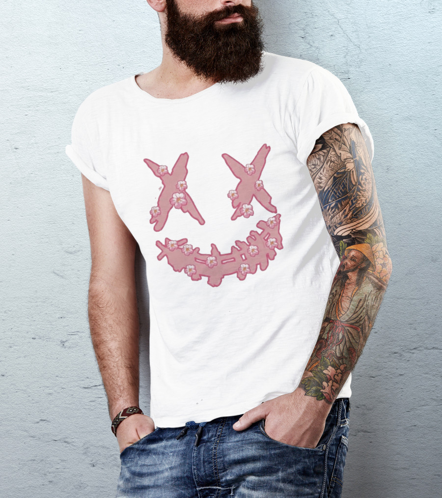 Kaos Ric Ricky Is Clown Sakura Pink Embroidery With Floral X Smiley T-Shirt