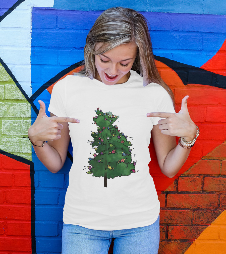 Colorful Singing Birds In Evergreen Tree With Musical Notes T-Shirt