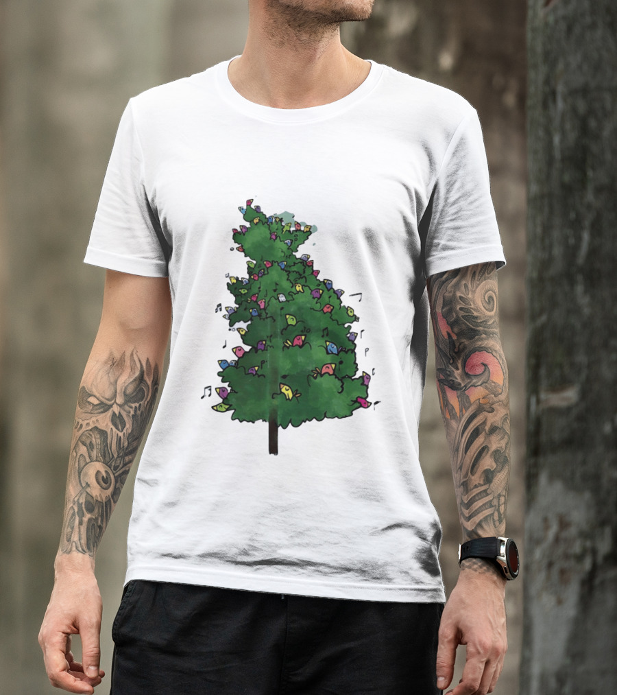 Colorful Singing Birds In Evergreen Tree With Musical Notes T-Shirt