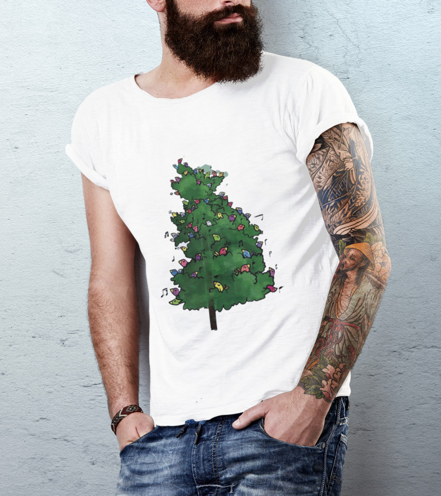 Colorful Singing Birds In Evergreen Tree With Musical Notes T-Shirt