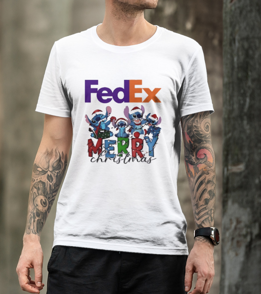 FedEx Stitch Merry Christmas 2025 Characters In Santa Hats T-Shirt