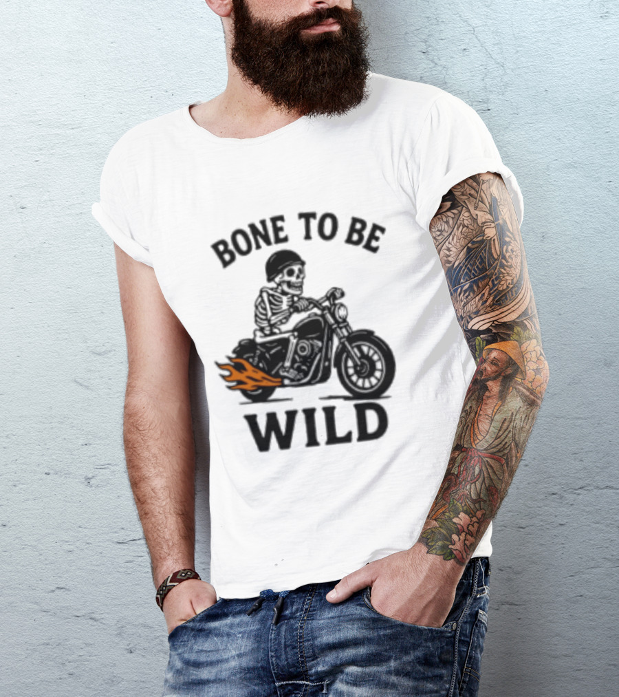 Bone To Be Wild Skeleton Motorcycle Rider Flames T-Shirt