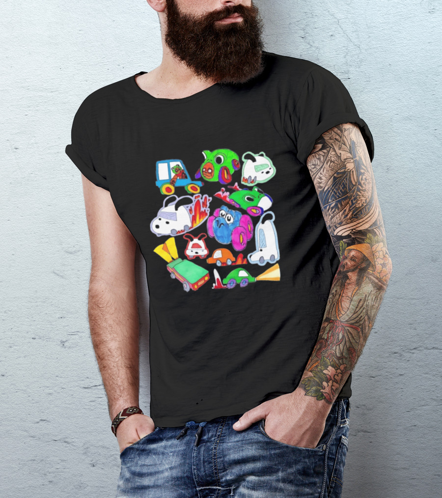 Colorful Cartoon Animal Toy Cars With Rocket Exhaust And Flames Racing Sketch T-Shirt
