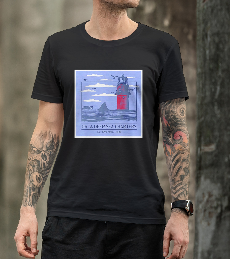 Jaws Orca Deep Sea Charters 1975 Amity Island Lighthouse Ocean Adventure T-Shirt