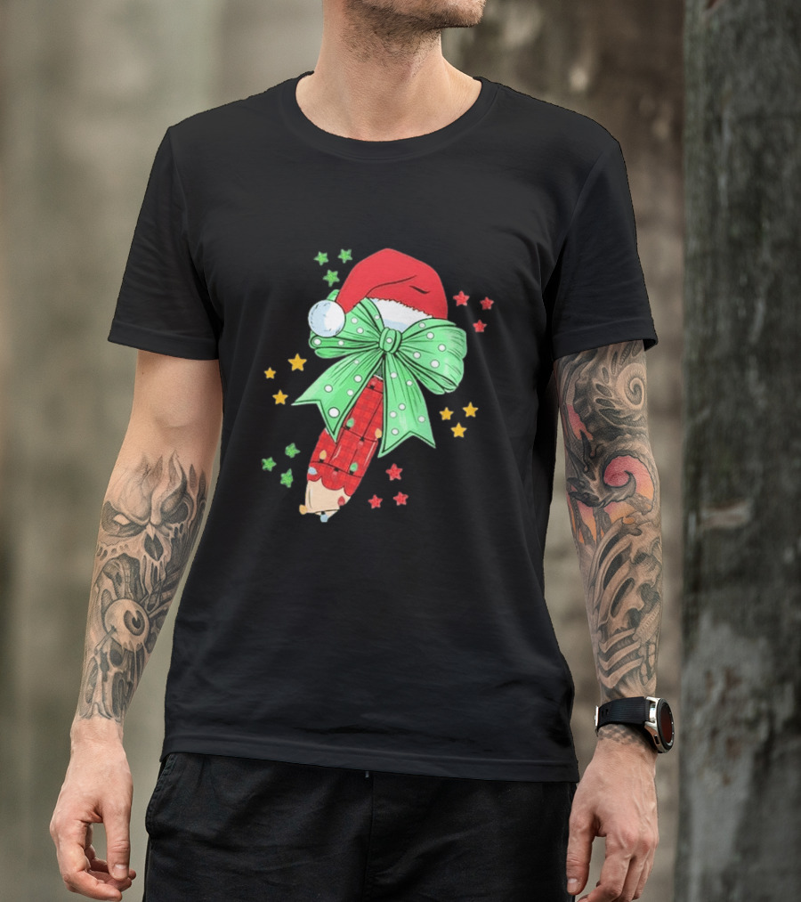 Christmas Elf Pen Candy Cane With Green Bow And Santa Hat T-Shirt