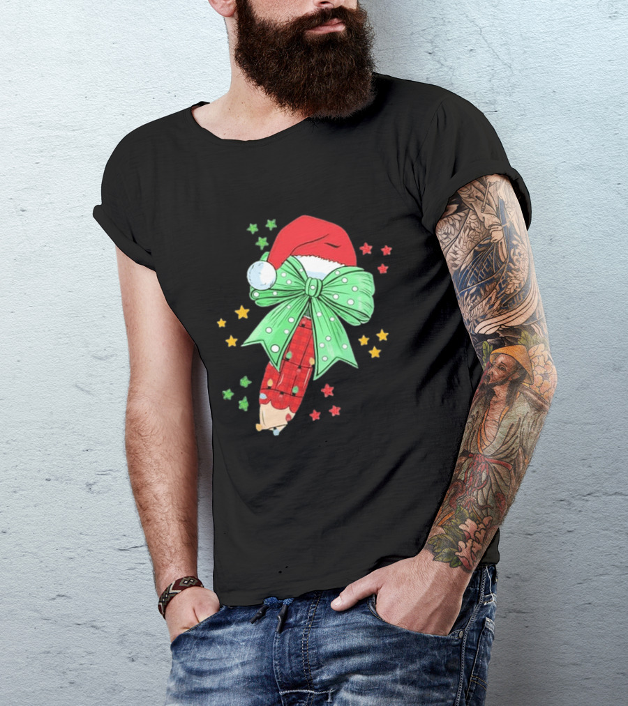 Christmas Elf Pen Candy Cane With Green Bow And Santa Hat T-Shirt