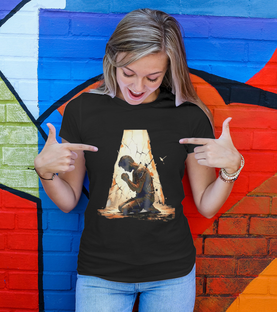 Man Kneeling In Prayer Spiritual Faith Devotion Cracked Wall And Light T-Shirt