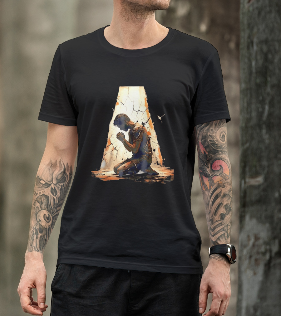 Man Kneeling In Prayer Spiritual Faith Devotion Cracked Wall And Light T-Shirt