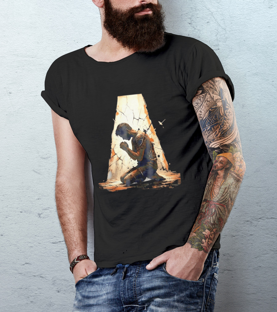 Man Kneeling In Prayer Spiritual Faith Devotion Cracked Wall And Light T-Shirt