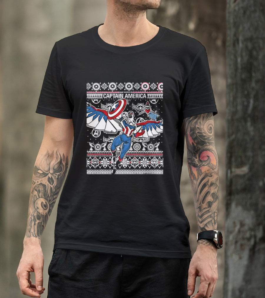 Marvel Captain America Sam Wilson Christmas Sweater Style Festive Holiday T-Shirt