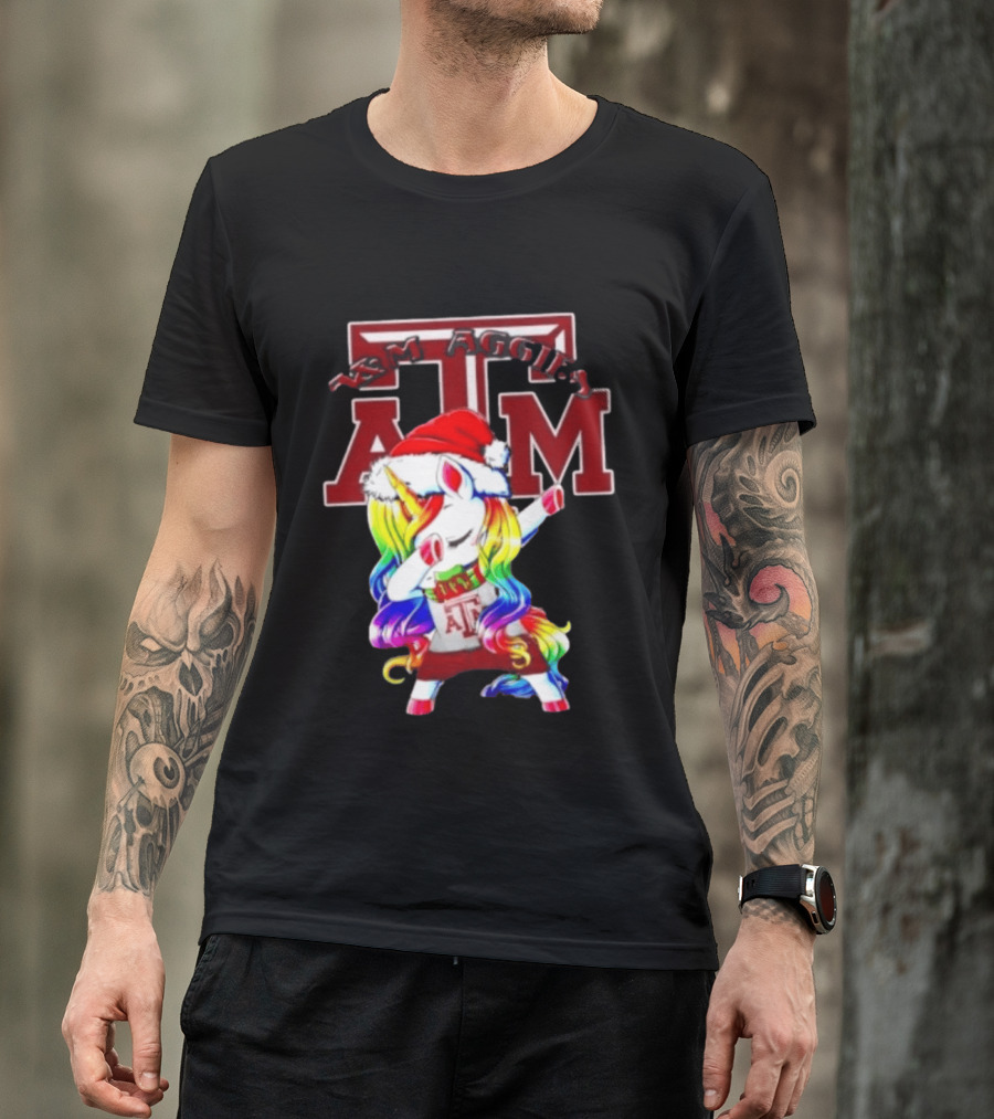 Texas Am Aggies Unicorn Dabbing Santa Hat Merry Christmas T-Shirt