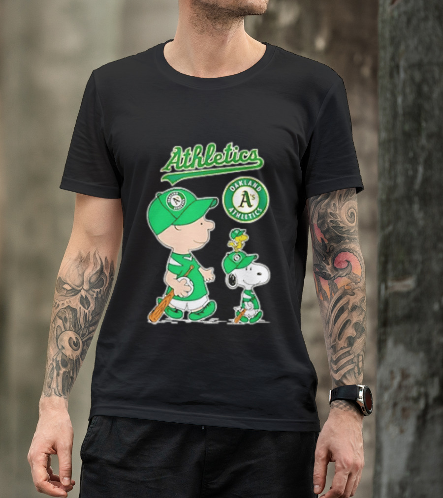 Oakland Athletics MLB Charlie Brown Snoopy Woodstock Baseball Peanuts Characters T-Shirt
