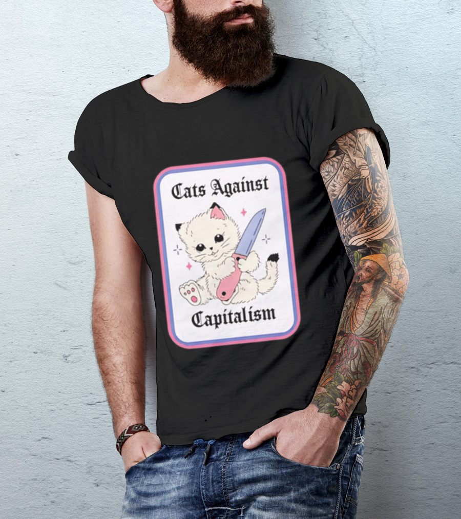 Cats Against Capitalism Cute Cat With Knife T-Shirt