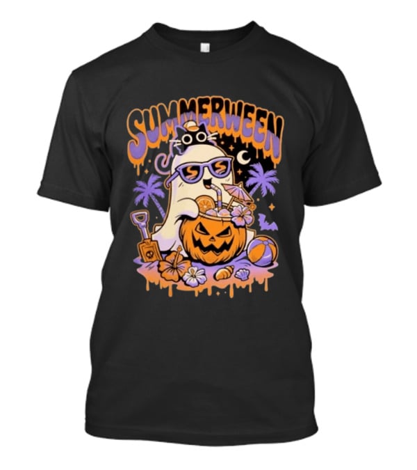 Summerween Cartoon Ghost Sunglasses Drinking Pumpkin Beach Vibes T-Shirt