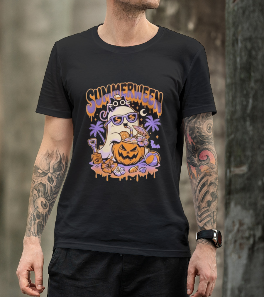 Summerween Cartoon Ghost Sunglasses Drinking Pumpkin Beach Vibes T-Shirt