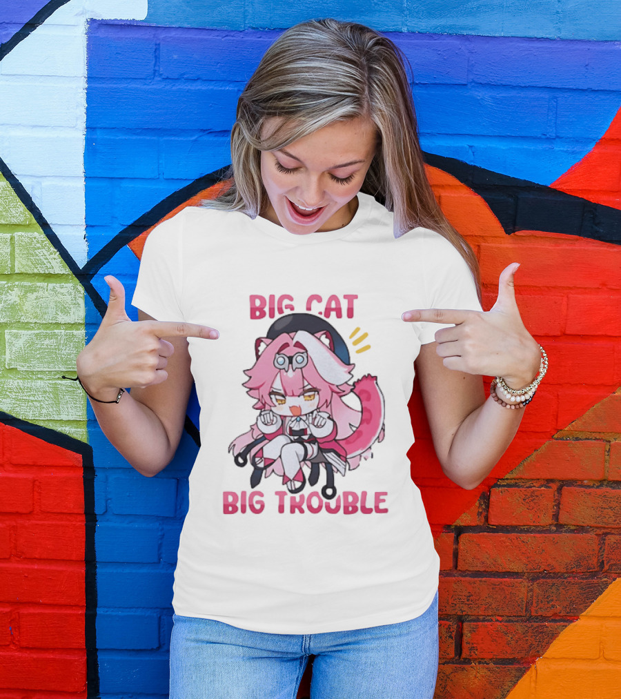 Big Cat Big Trouble Chibi Character With Pink Hair And Tail T-Shirt
