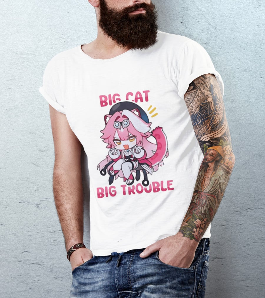 Big Cat Big Trouble Chibi Character With Pink Hair And Tail T-Shirt
