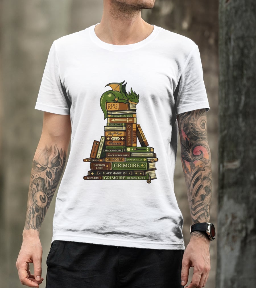 Dragon Resting On RPG Fantasy Grimoire Magic Books Stack T-Shirt