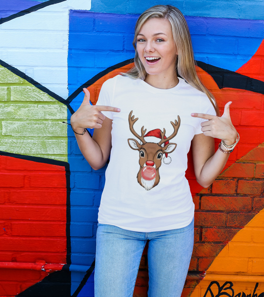 Merry Christmas Reindeer Santa Hat Bubble Gum Red Nose T-Shirt