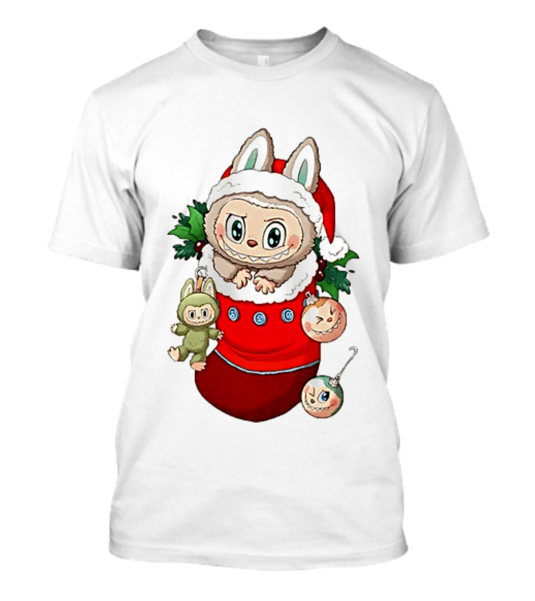 Stocking Stuffer Labubu Christmas Santa Hat Holly Ornaments T-Shirt