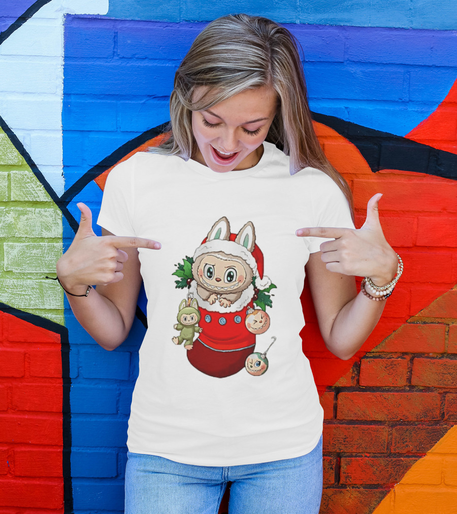 Stocking Stuffer Labubu Christmas Santa Hat Holly Ornaments T-Shirt
