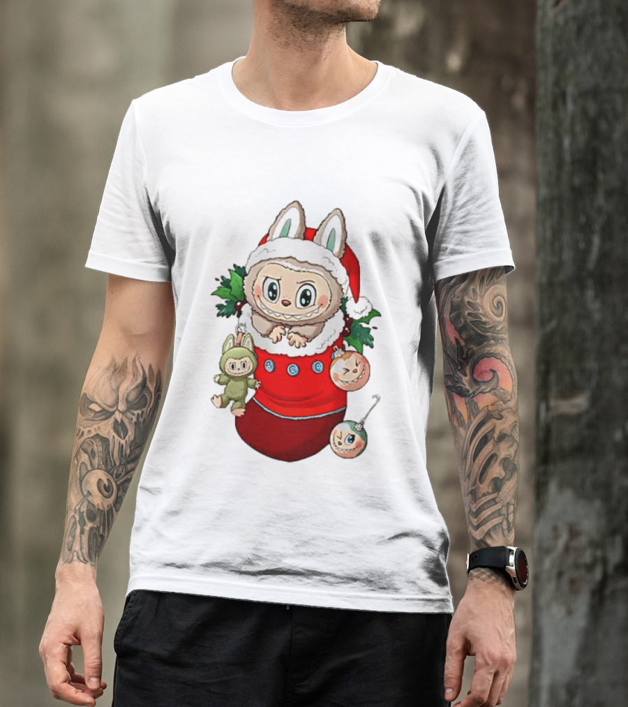 Stocking Stuffer Labubu Christmas Santa Hat Holly Ornaments T-Shirt