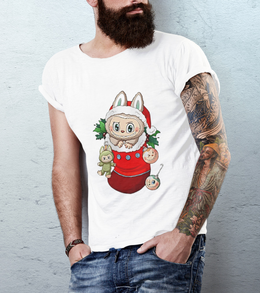 Stocking Stuffer Labubu Christmas Santa Hat Holly Ornaments T-Shirt