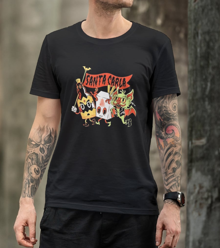 Santa Carla Cartoon Vampire Characters And Food Box With Flag T-Shirt