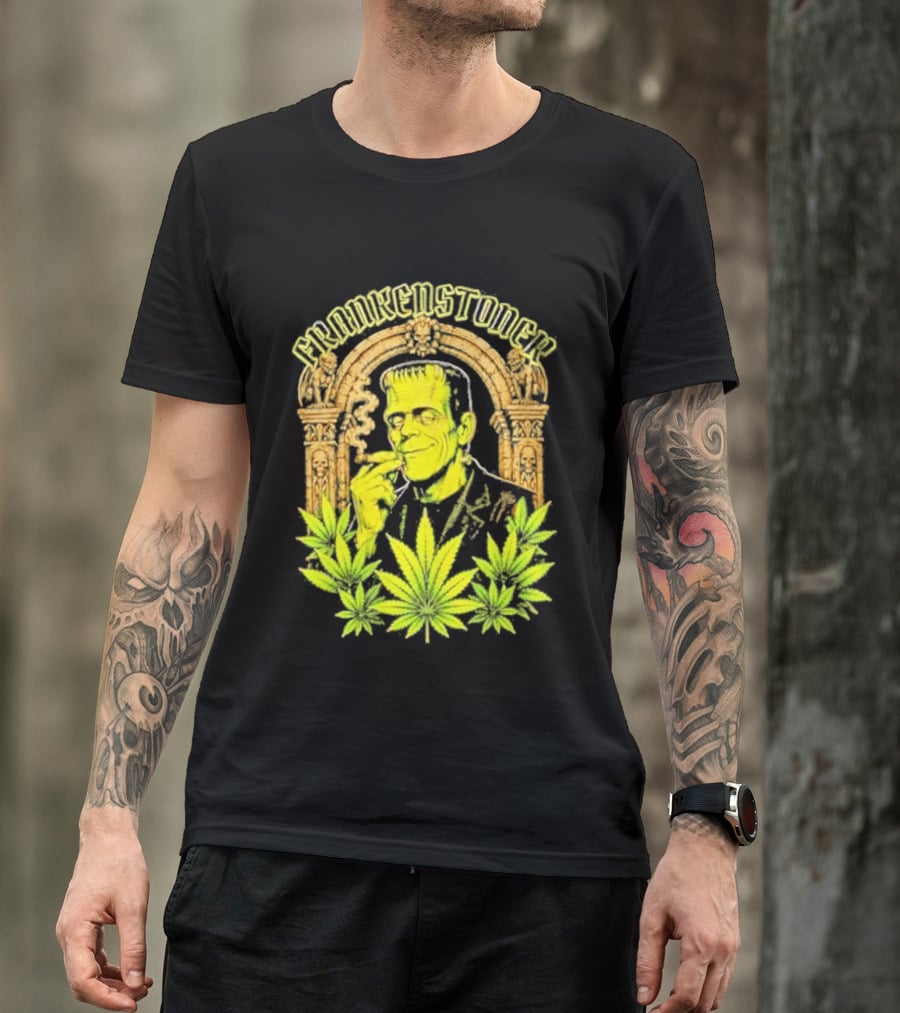 Frankenstoner Frankenstein Marijuana Smoking Arch Skulls T-Shirt