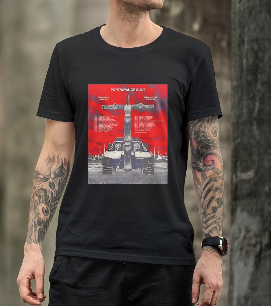 Portrayal Of Guilt Europe UK MMXXVI Spike Hellis Crouch Oathbreaker Tour Dates Tire Tracks Industrial Red T-Shirt