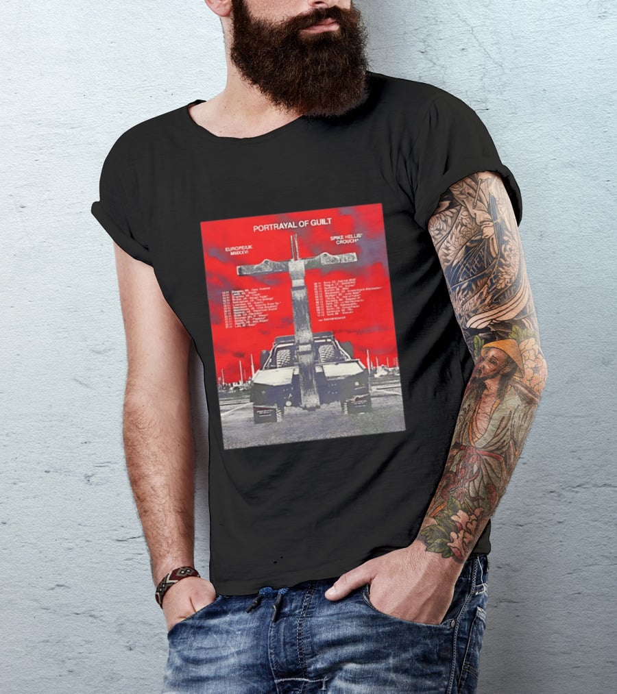 Portrayal Of Guilt Europe UK MMXXVI Spike Hellis Crouch Oathbreaker Tour Dates Tire Tracks Industrial Red T-Shirt