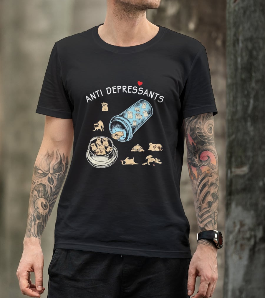 Anti Depressants Pug Puppies In Pill Bottle T-Shirt