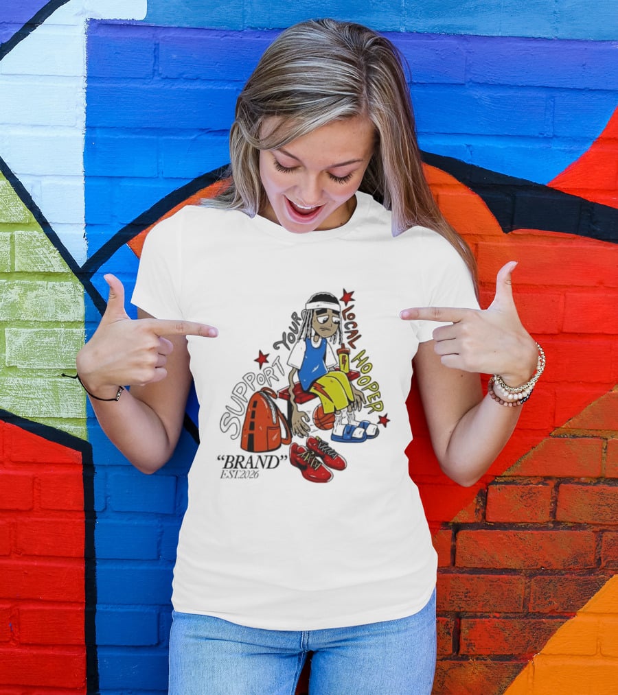 Support Your Local Hooper Cartoon Basketball Player Backpack Red Shoes Brand Est 2026 T-Shirt