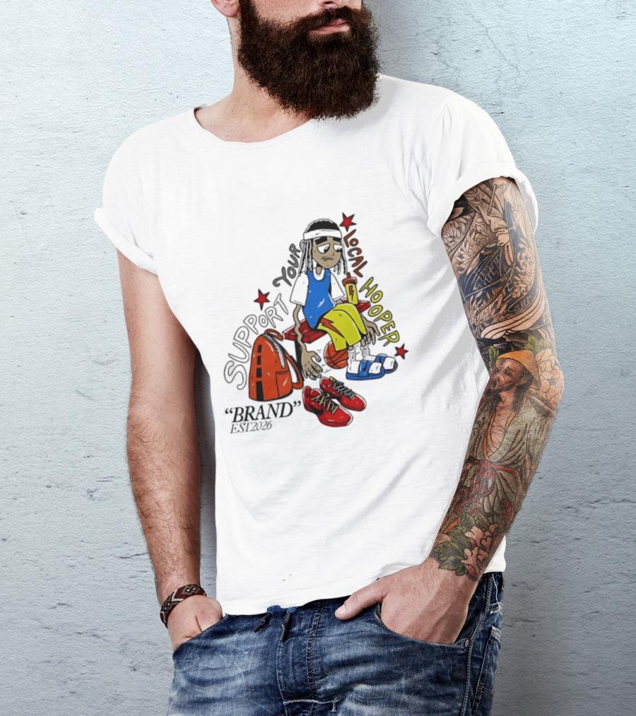 Support Your Local Hooper Cartoon Basketball Player Backpack Red Shoes Brand Est 2026 T-Shirt