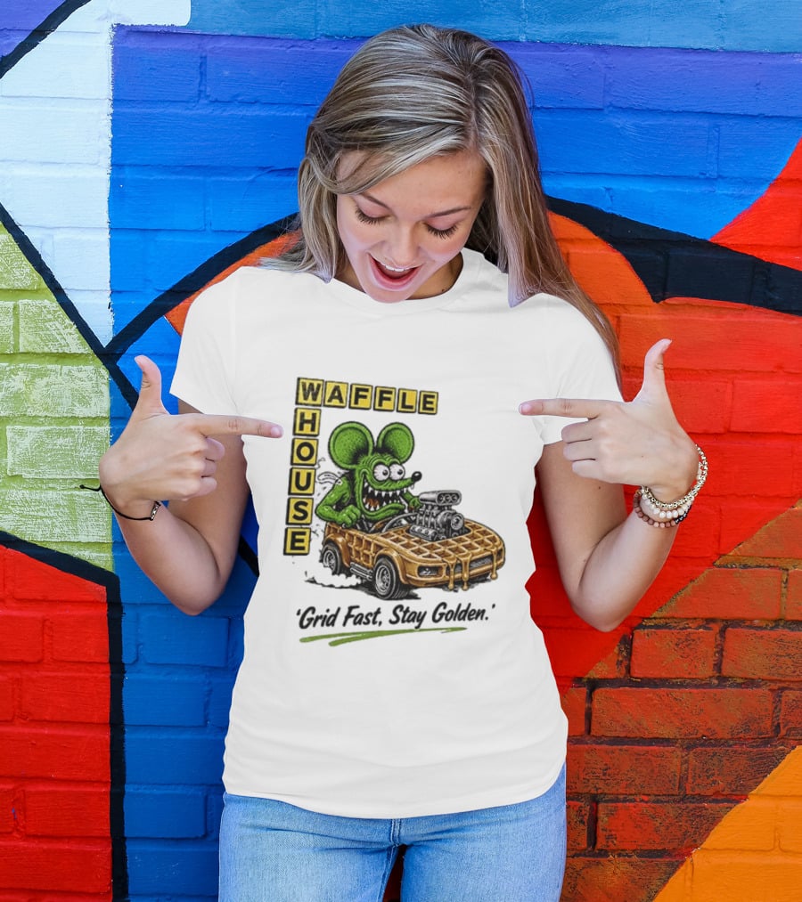 Rat Fink Waffle House Grid Fast Stay Golden Car Racer T-Shirt