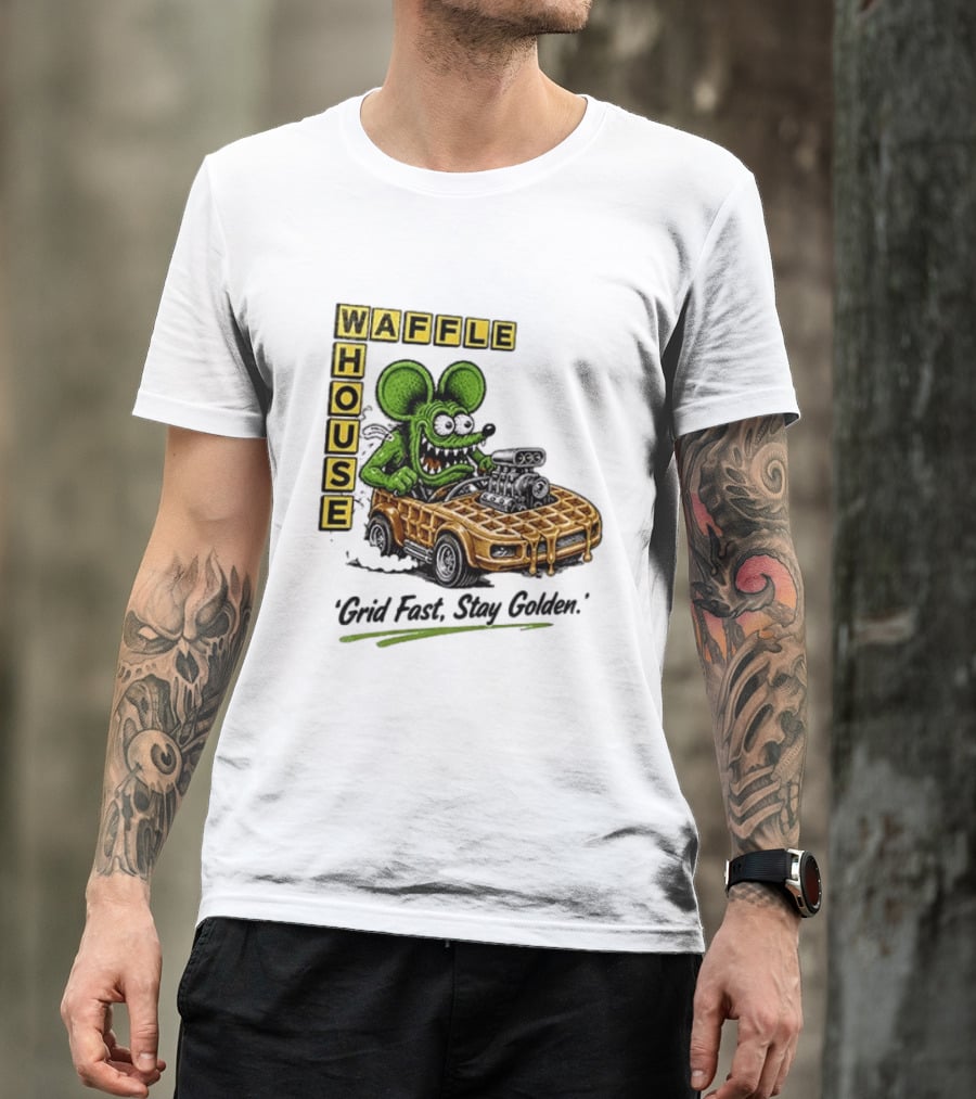 Rat Fink Waffle House Grid Fast Stay Golden Car Racer T-Shirt