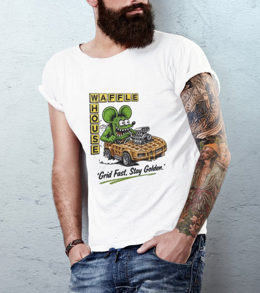 Rat Fink Waffle House Grid Fast Stay Golden Car Racer T-Shirt