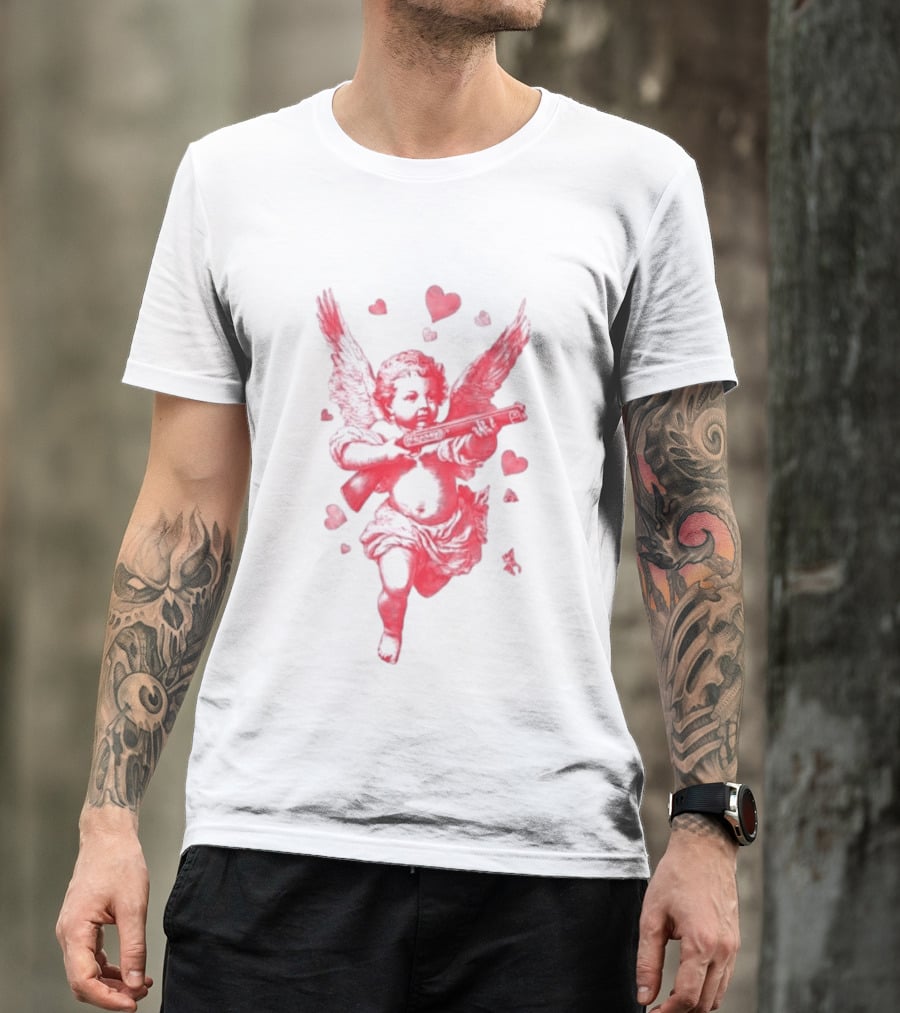 Red Pink Cherub Cupid Shotgun Hearts Clouds T-Shirt