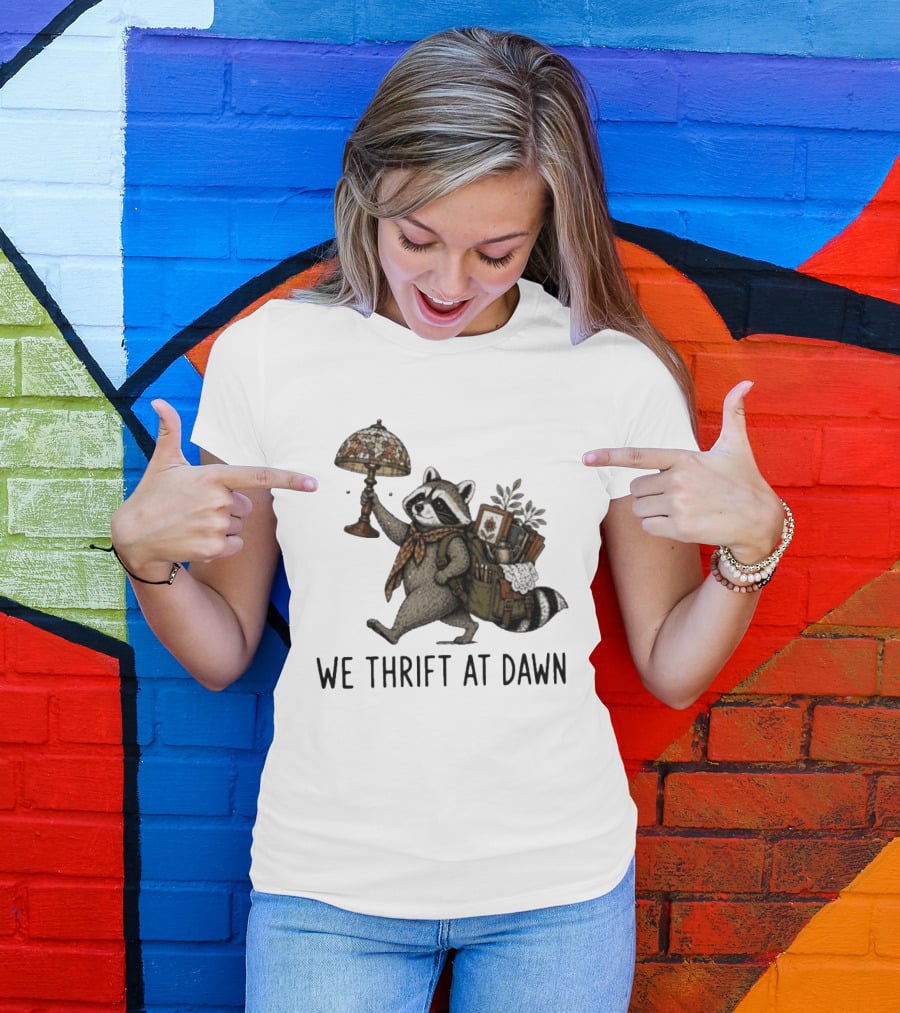 Raccoon With Backpack And Lamp We Thrift At Dawn T-Shirt