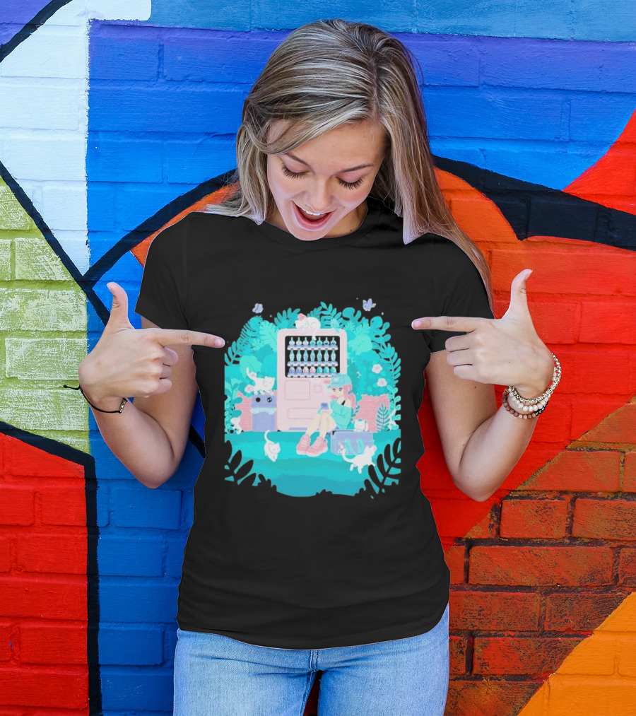 Cat Vending Machine Pastel Aesthetic With Sitting Girl And Cats T-Shirt
