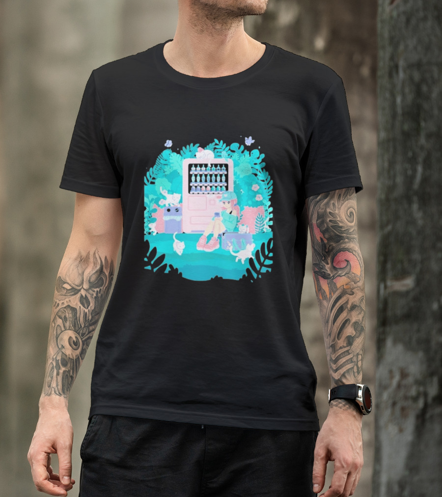 Cat Vending Machine Pastel Aesthetic With Sitting Girl And Cats T-Shirt