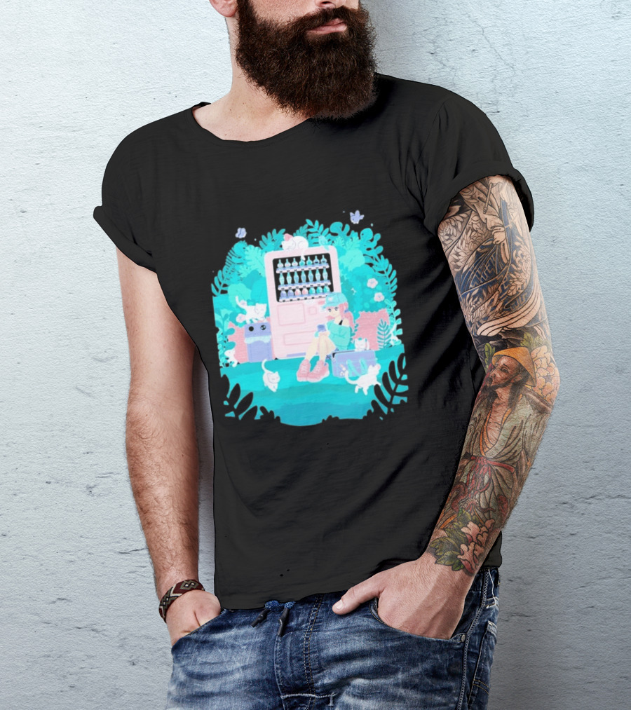 Cat Vending Machine Pastel Aesthetic With Sitting Girl And Cats T-Shirt